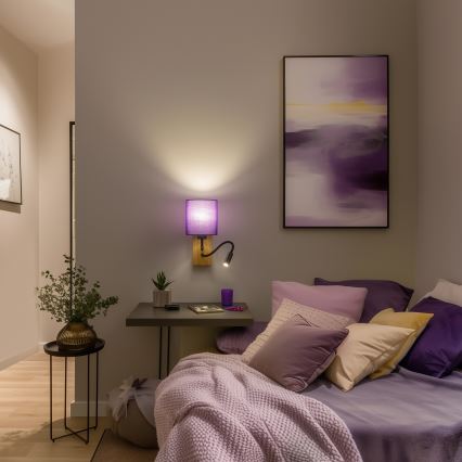 Brilagi - LED Lankstus sieninis šviestuvas NUBILA WOOD 1xE27/25W/230V + LED/3W ąžuolas/violetinė