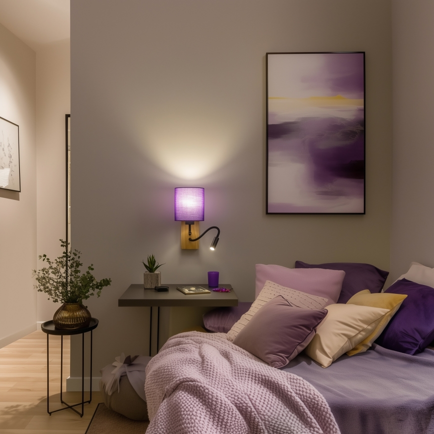 Brilagi - LED Lankstus sieninis šviestuvas NUBILA WOOD 1xE27/25W/230V + LED/3W ąžuolas/violetinė
