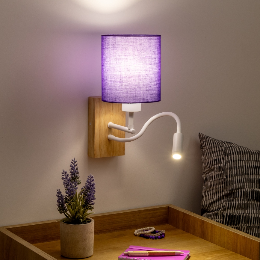 Brilagi - LED Lankstus sieninis šviestuvas NUBILA WOOD 1xE27/25W/230V + LED/3W ąžuolas/violetinė