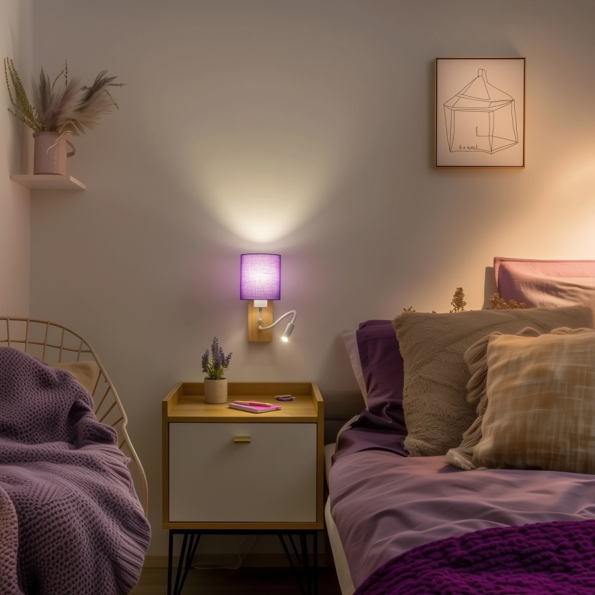 Brilagi - LED Lankstus sieninis šviestuvas NUBILA WOOD 1xE27/25W/230V + LED/3W ąžuolas/violetinė