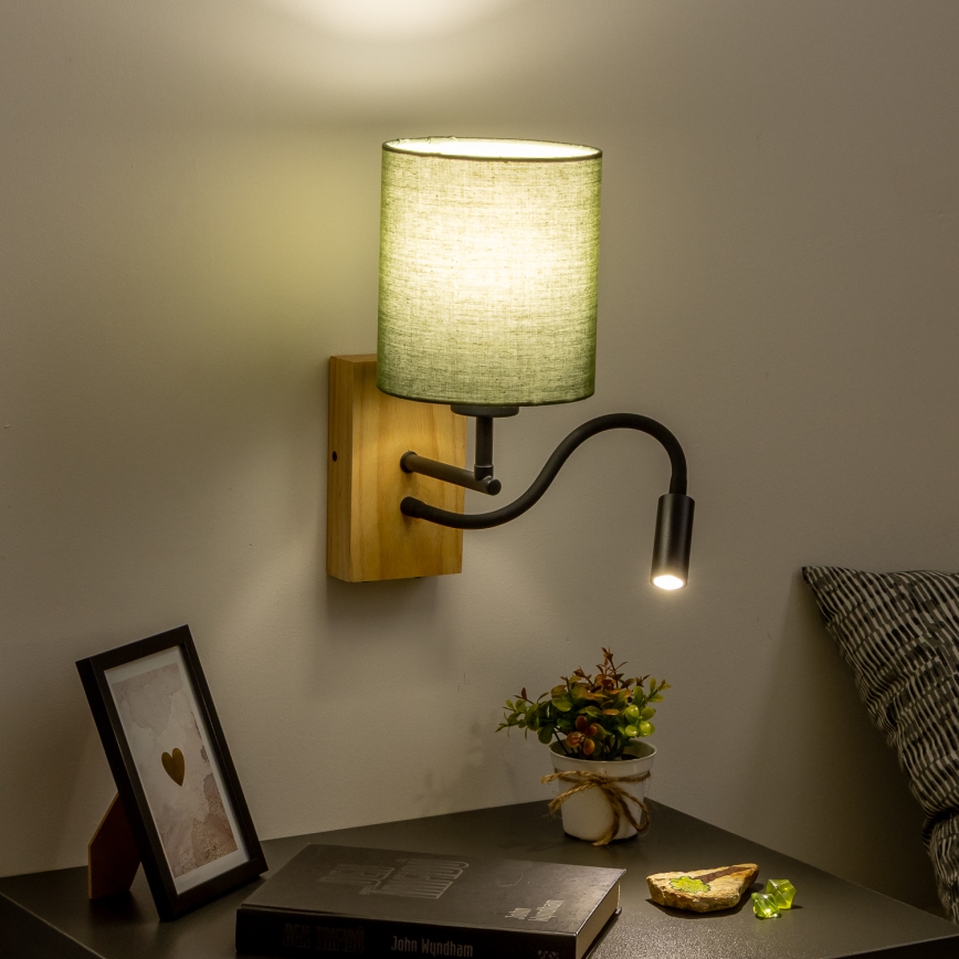 Brilagi - LED Lankstus sieninis šviestuvas NUBILA WOOD 1xE27/25W/230V + LED/3W ąžuolas/žalia