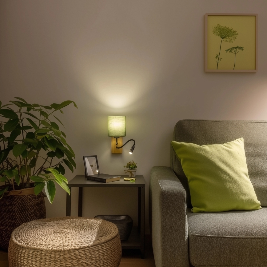 Brilagi - LED Lankstus sieninis šviestuvas NUBILA WOOD 1xE27/25W/230V + LED/3W ąžuolas/žalia