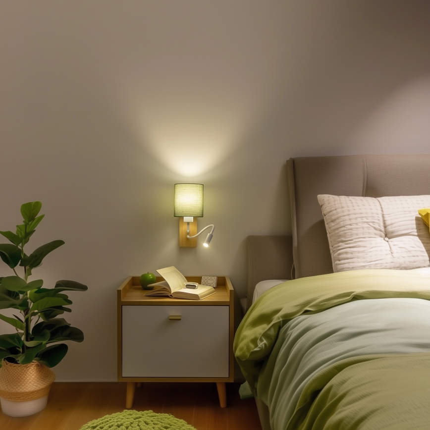 Brilagi - LED Lankstus sieninis šviestuvas NUBILA WOOD 1xE27/25W/230V + LED/3W ąžuolas/žalia