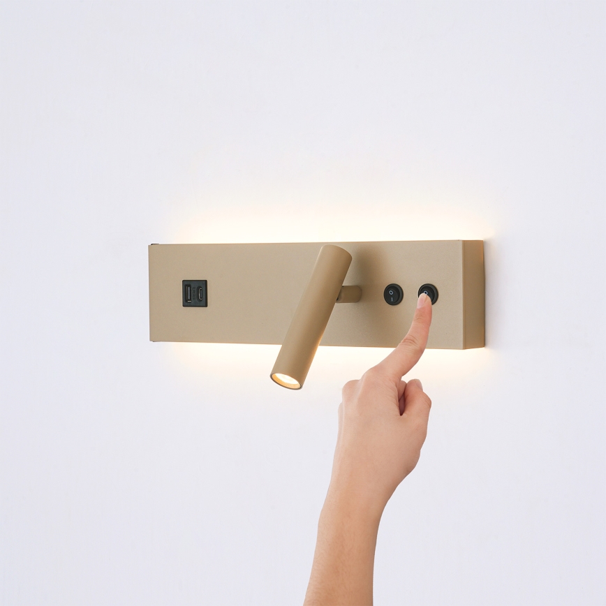Brilagi - LED sieninis taškinis šviestuvas su USB prievadu NOCTIS LED/3W/230V + LED/9W smėlio spalvos