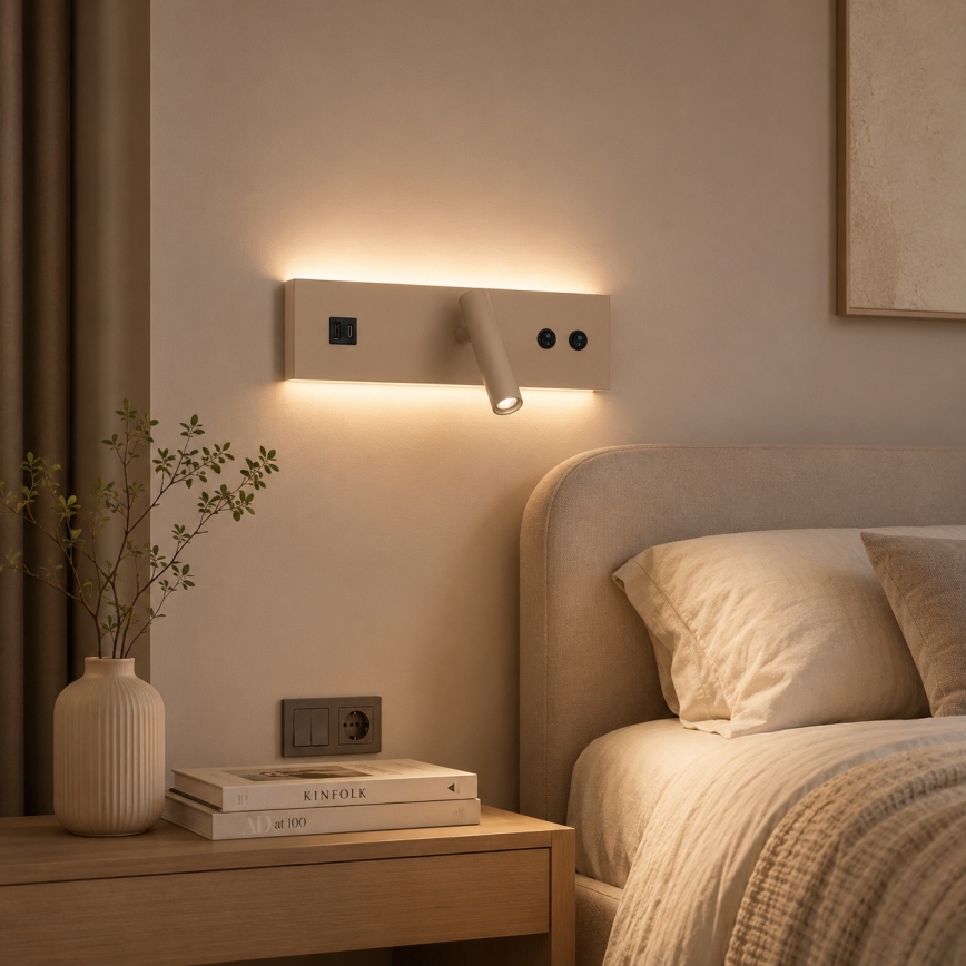 Brilagi - LED sieninis taškinis šviestuvas su USB prievadu NOCTIS LED/3W/230V + LED/9W smėlio spalvos