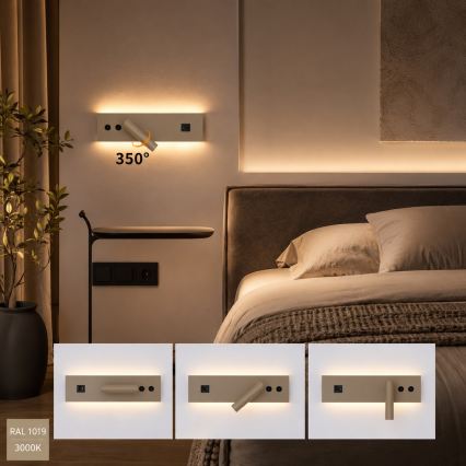 Brilagi - LED sieninis taškinis šviestuvas su USB prievadu NOCTIS LED/3W/230V + LED/9W smėlio spalvos