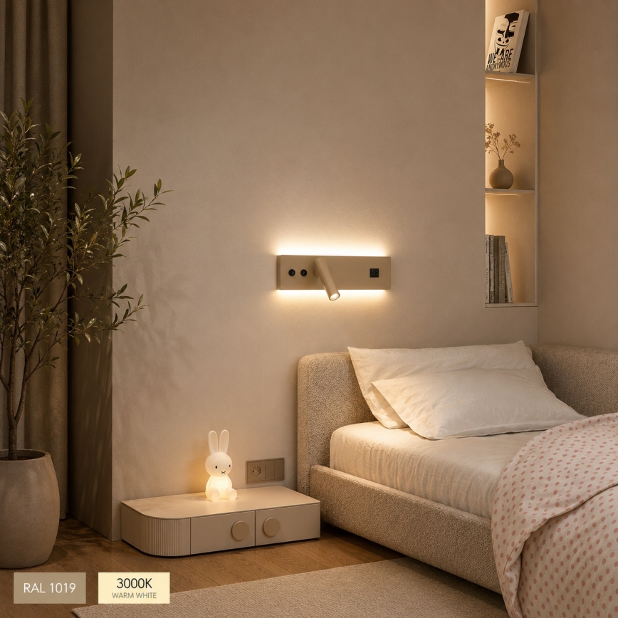 Brilagi - LED sieninis taškinis šviestuvas su USB prievadu NOCTIS LED/3W/230V + LED/9W smėlio spalvos