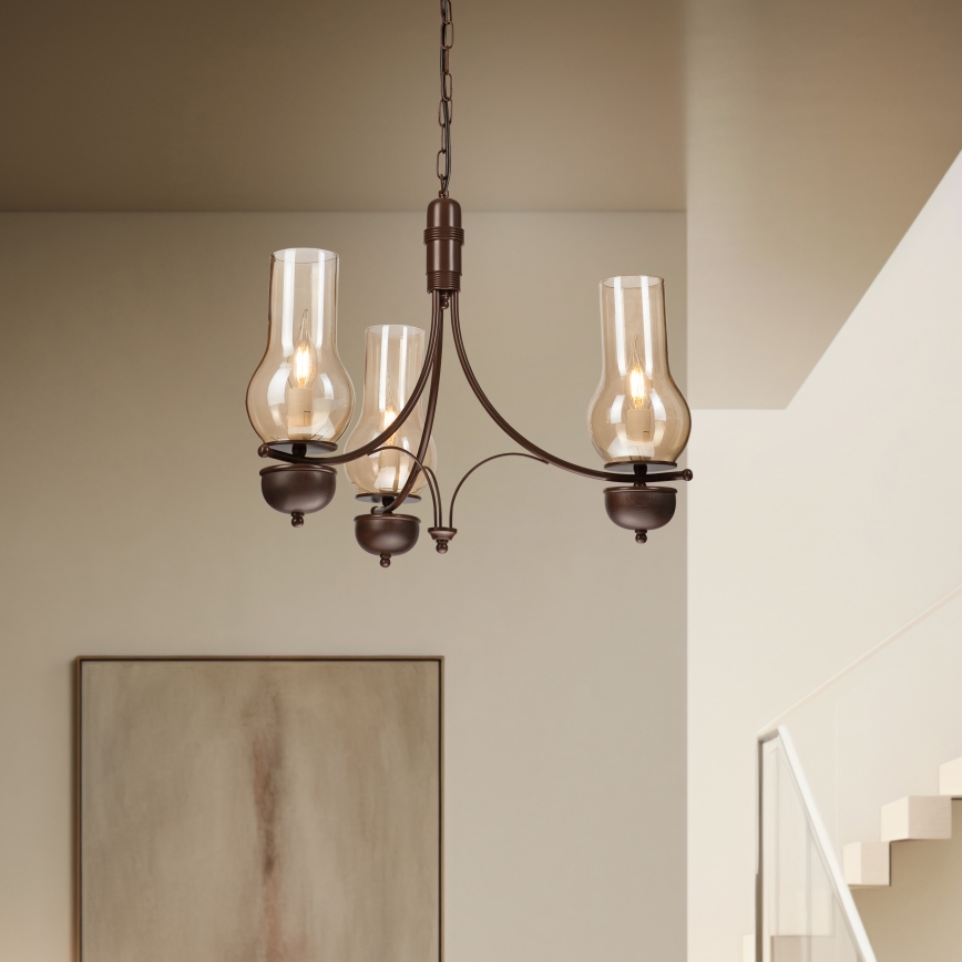 Brilagi - LED Sietynas, kabinamas ant grandinės COTTAGE 3xE14/40W/230V ruda