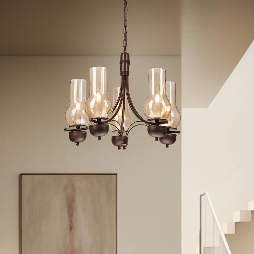 Brilagi - LED Sietynas, kabinamas ant grandinės COTTAGE 5xE14/40W/230V ąžuolas/ruda