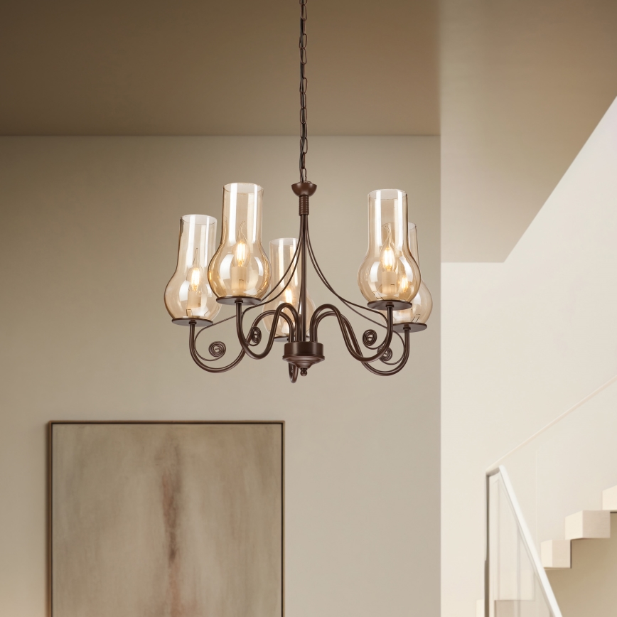 Brilagi - LED Sietynas, kabinamas ant grandinės COTTAGE 5xE14/40W/230V ruda