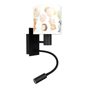 Brilagi - LED vaikiška lanksčioji sieninė lempa BOBO 1xE27/25W/230V + LED/3W juoda/balta/su gyvūnėlių motyvais