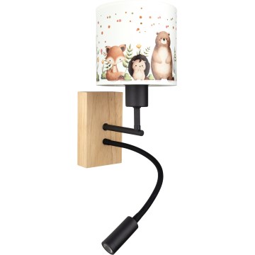 BRILAGI - LED vaikiška lanksčioji sieninė lempa BOBO WOOD 1xE27/25W/230V + LED/3W ąžuolas/juoda/balta/su gyvūnėliais