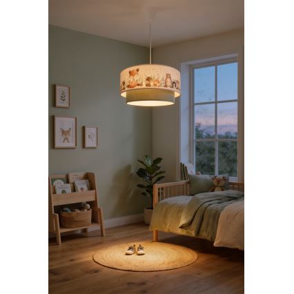 Brilagi - LED vaikiškas pakabinamas šviestuvas ant laido BOBO 1xE27/10W/230V Ø 40 cm balta/žalia/su gyvūnėlių motyvais