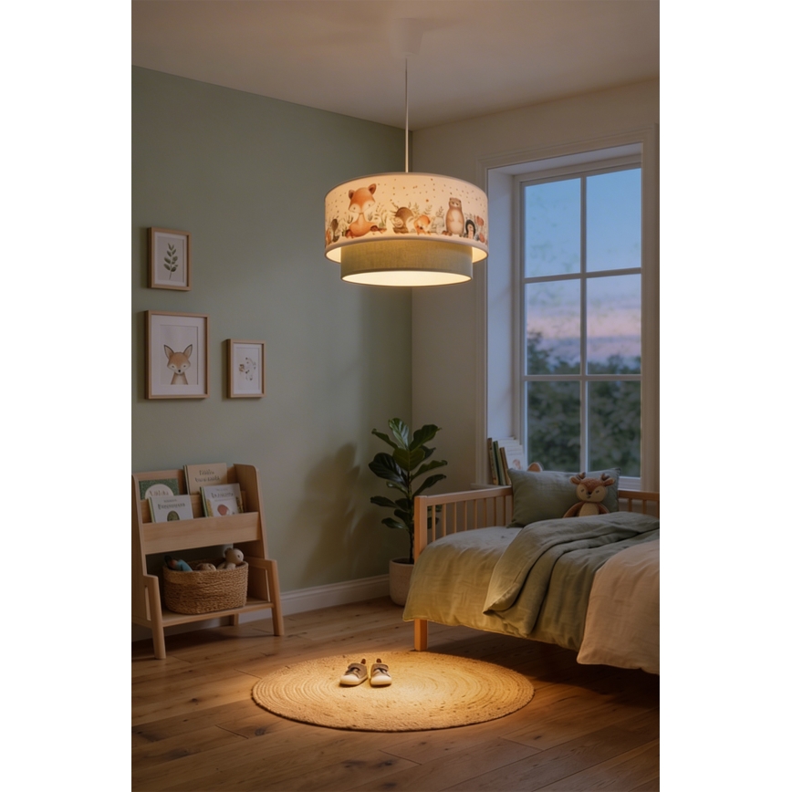 Brilagi - LED vaikiškas pakabinamas šviestuvas BOBO, 1xE27/60W/230V, Ø 40 cm, baltas/žalias/su gyvūnėliais