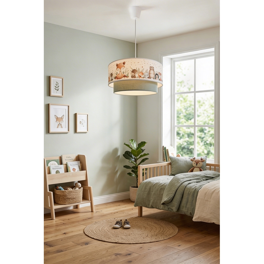 Brilagi - LED vaikiškas pakabinamas šviestuvas BOBO, 1xE27/60W/230V, Ø 40 cm, baltas/žalias/su gyvūnėliais
