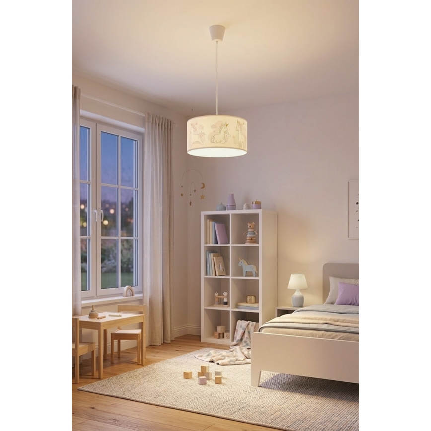 Brilagi - LED vaikiškas pakabinamas šviestuvas su laidu BOBO 1xE27/60W/230V Ø 35 cm balta/vienaragiai