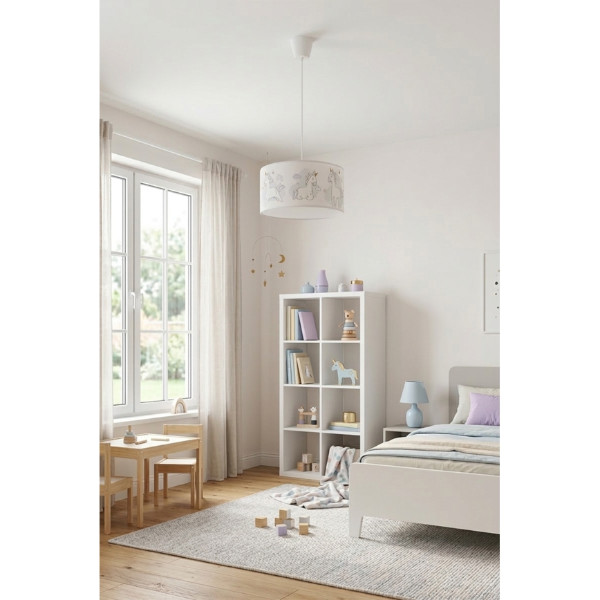 Brilagi - LED vaikiškas pakabinamas šviestuvas su laidu BOBO 1xE27/60W/230V Ø 35 cm balta/vienaragiai