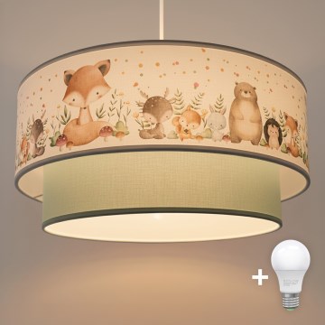 Brilagi - LED vaikiškas pakabinamas šviestuvas BOBO, 1xE27/60W/230V, Ø 40 cm, baltas/žalias/su gyvūnėliais