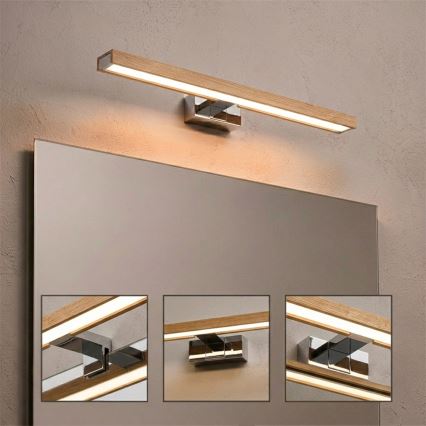 Brilagi - WOODY MIRROR 3in1 LED vonios veidrodžio apšvietimas, 12 W, 230 V, 60 cm, IP44, blizgus chromas/ąžuolas