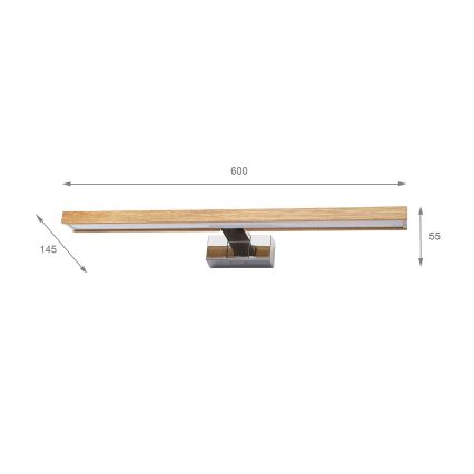 Brilagi - WOODY MIRROR 3in1 LED vonios veidrodžio apšvietimas, 12 W, 230 V, 60 cm, IP44, blizgus chromas/ąžuolas
