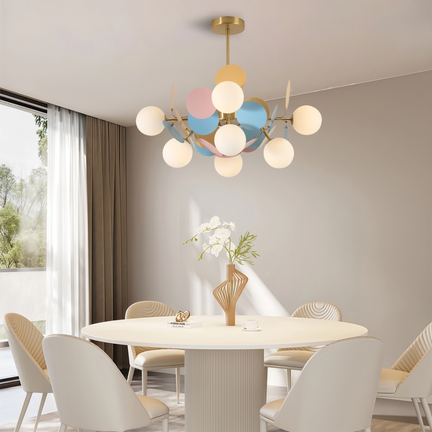 Brilagi - liustra ant strypo BALMO 8xG9/9W/230V skersmuo 60 cm auksinė/mėlyna/rožinė