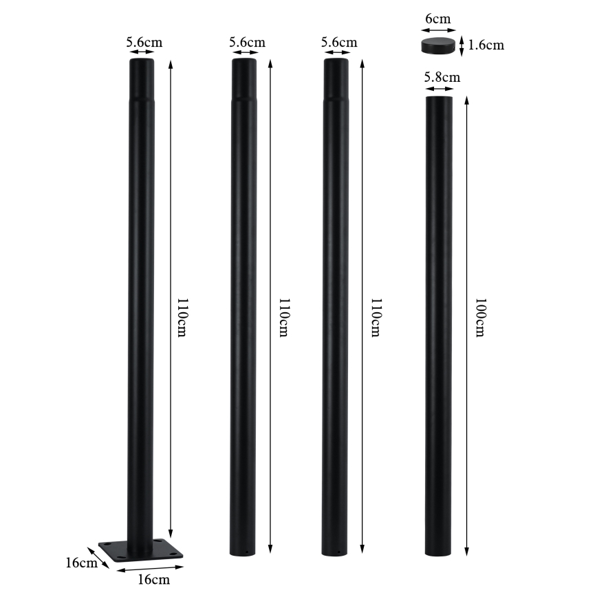 Brilagi - Metalinis strypas URBAN lauko apšvietimo stulpui, 4 m, Ø 58 mm, juodas