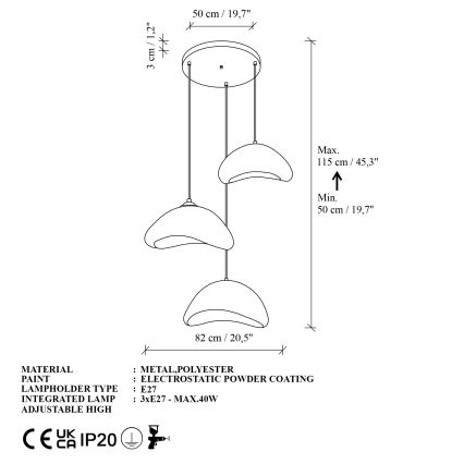 Brilagi - pakabinama liustra ant laido WABI SABI 3xE27/40W/230V, skersmuo 82 cm, balta