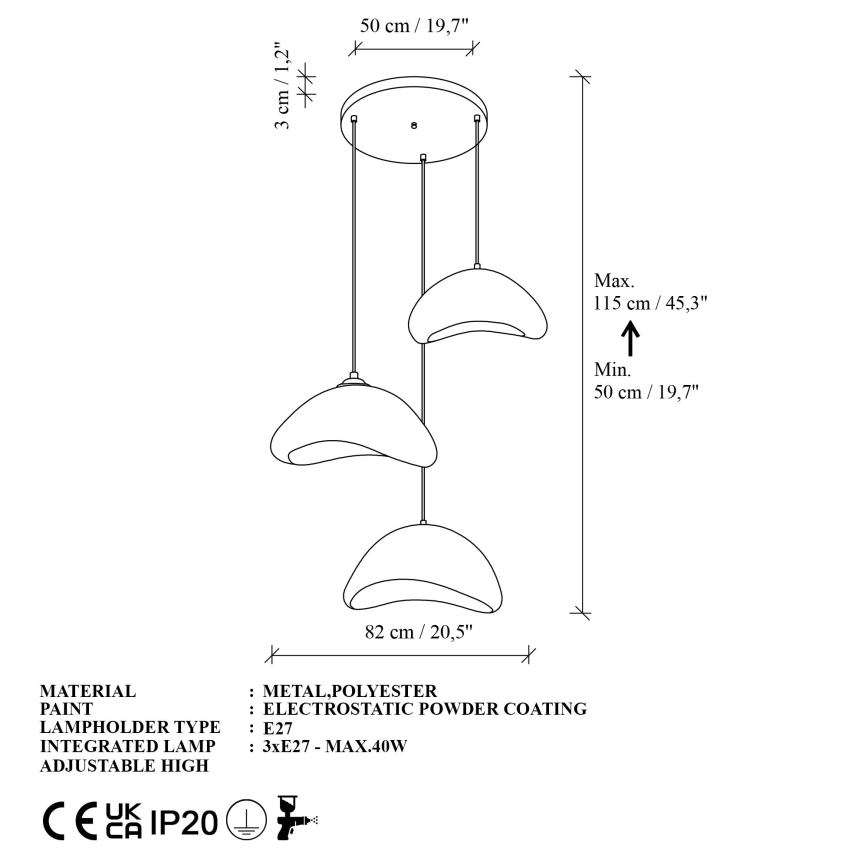 Brilagi - pakabinama liustra ant laido WABI SABI 3xE27/40W/230V, skersmuo 82 cm, balta