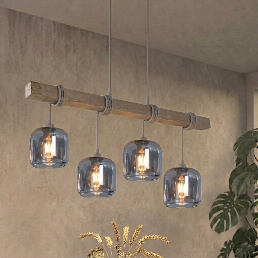 BRILAGI - Pakabinamas šviestuvas su kabeliu WOOD GLASS 4xE27/60W/230V pušis/pilka/dūminė pilka