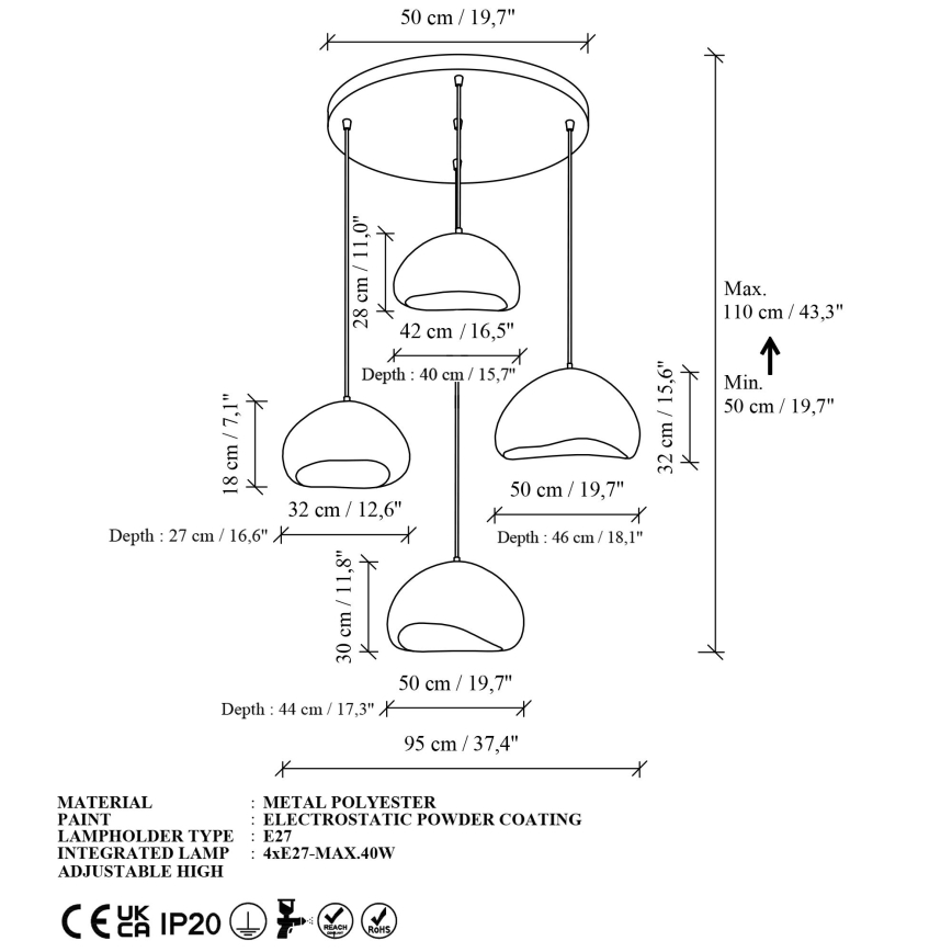 Brilagi - pakabinama liustra WABI SABI 4xE27/40W/230V, skersmuo 95 cm, balta