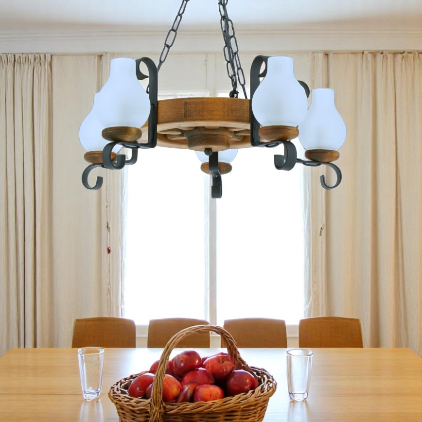 Brilagi - Pakabinamas šviestuvas ant grandinės ROATA 5xE14/40W/230V, skersmuo 50 cm, pagamintas iš buko