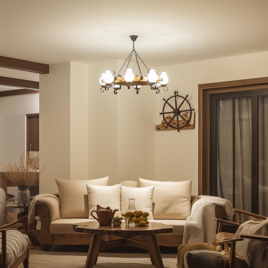 Brilagi - Pakabinamas šviestuvas ant grandinės TIMONA 8xE14/40W/230V Ø 70 cm, iš buko