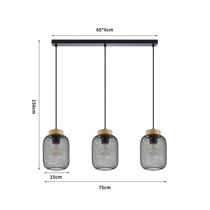 Brilagi - Pakabinamas šviestuvas ant laido BASKLITE 3xE27/15W/230V mediena/juoda