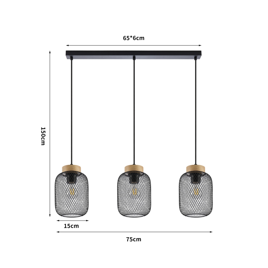 Brilagi - Pakabinamas šviestuvas ant laido BASKLITE 3xE27/15W/230V mediena/juoda