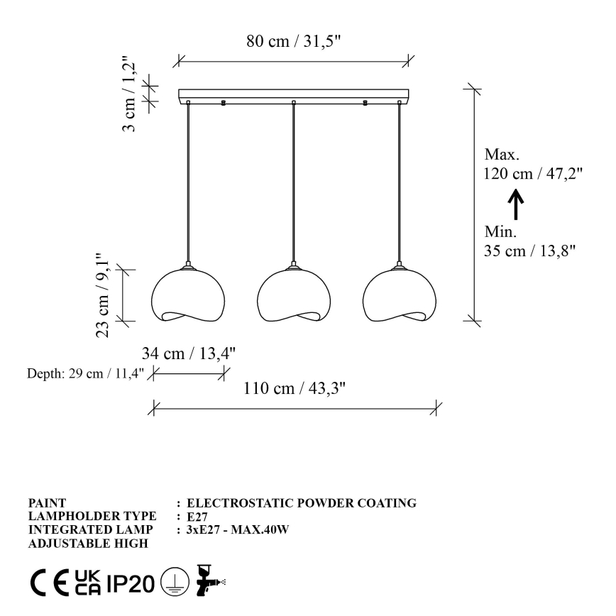 Brilagi - Pakabinamas šviestuvas ant laido WABI SABI 3xE27/40W/230V baltas