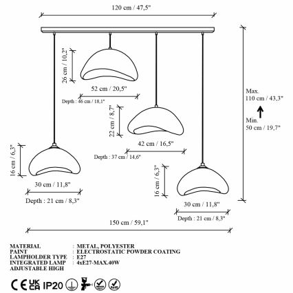 Brilagi - Pakabinamas šviestuvas ant laido WABI SABI 4xE27/40W/230V, baltas