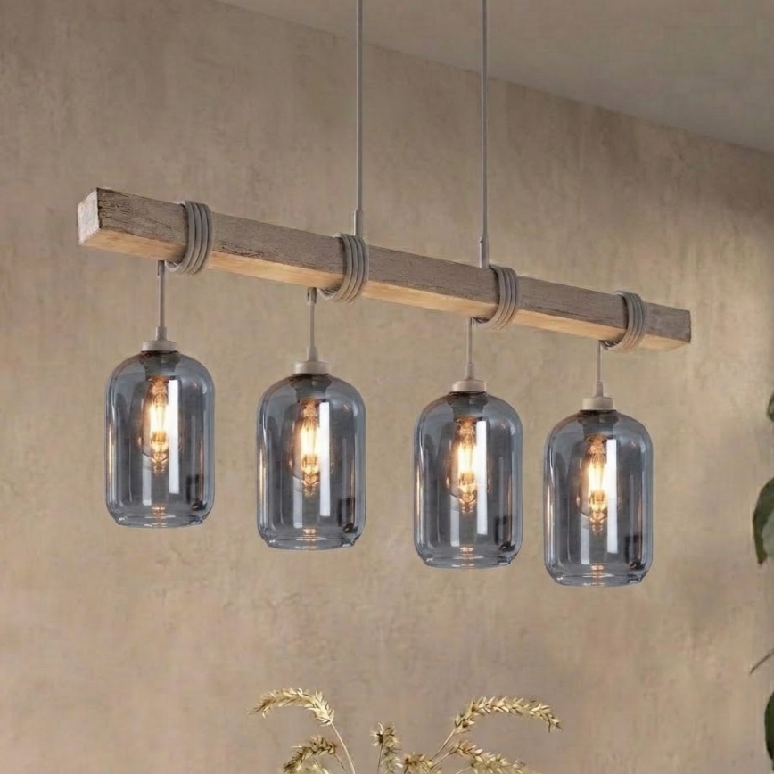 BRILAGI - Pakabinamas šviestuvas ant laido WOOD GLASS 4xE27/60W/230V pušis/pilka/dūminė pilka