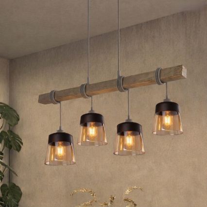 BRILAGI - Pakabinamas šviestuvas ant laido WOOD GLASS 4xE27/60W/230V pušis/pilka/dūminė ruda