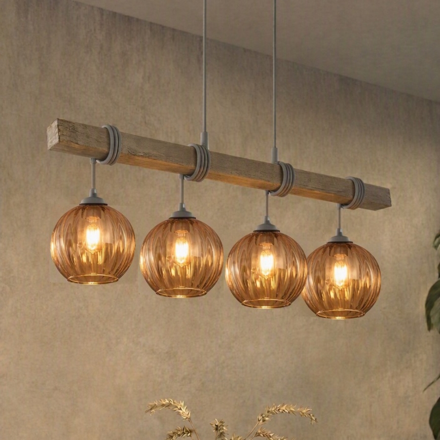 BRILAGI - Pakabinamas šviestuvas ant laido WOOD GLASS 4xE27/60W/230V pušis/pilka/dūminė ruda