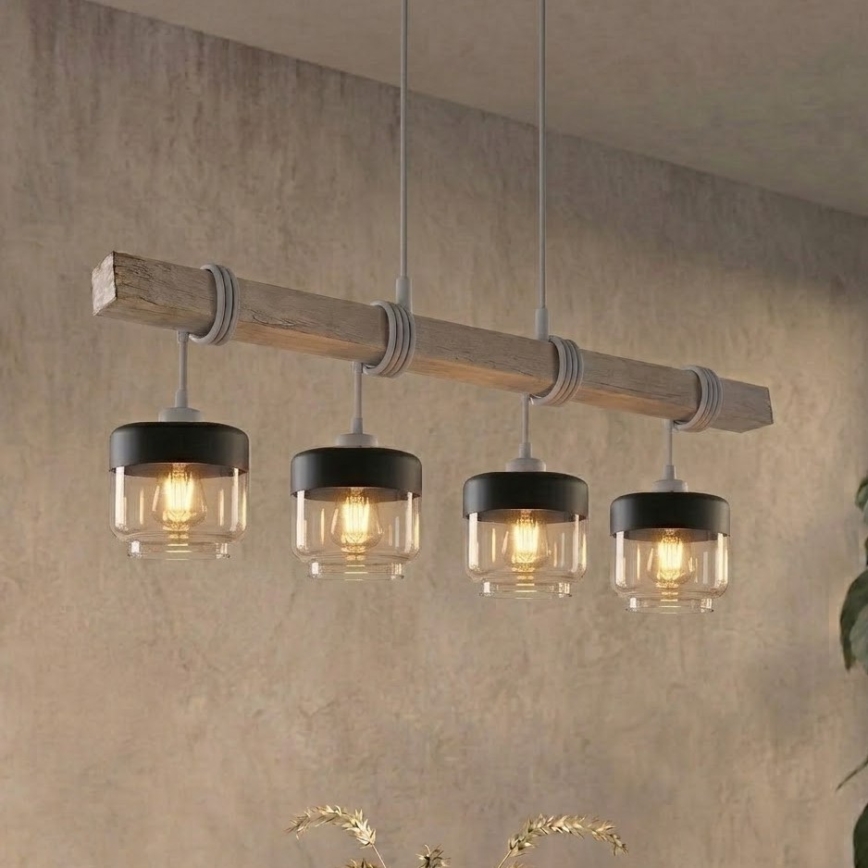BRILAGI - Pakabinamas šviestuvas ant troselio WOOD GLASS 4xE27/60W/230V pušis/pilka/dūminė ruda