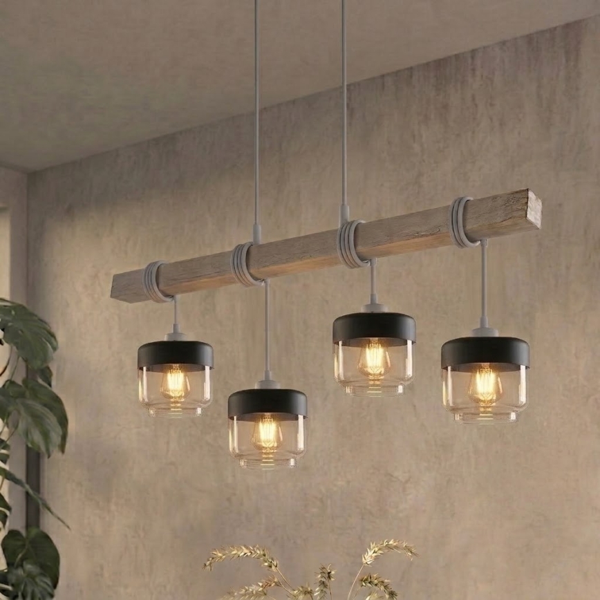 BRILAGI - Pakabinamas šviestuvas ant troselio WOOD GLASS 4xE27/60W/230V pušis/pilka/dūminė ruda