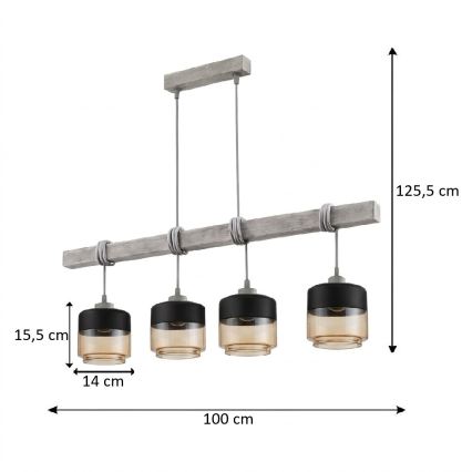 BRILAGI - Pakabinamas šviestuvas ant troselio WOOD GLASS 4xE27/60W/230V pušis/pilka/dūminė ruda