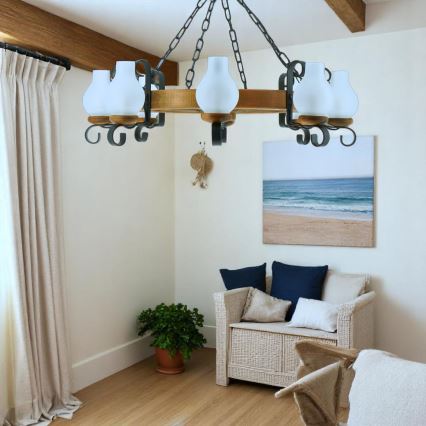 Brilagi - Pakabinamas šviestuvas su grandine ROATA 8xE14/40W/230V, skersmuo 70 cm, iš buko