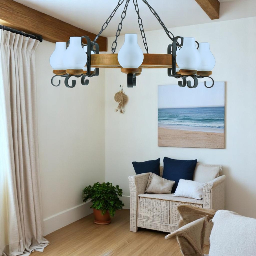 Brilagi - Pakabinamas šviestuvas su grandine ROATA 8xE14/40W/230V, skersmuo 70 cm, iš buko