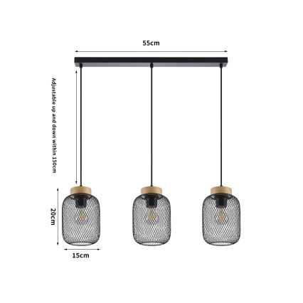 Brilagi - Pakabinamas šviestuvas su laidu BASKLITE 3xE27/15W/230V kaučiukmedis/juodas