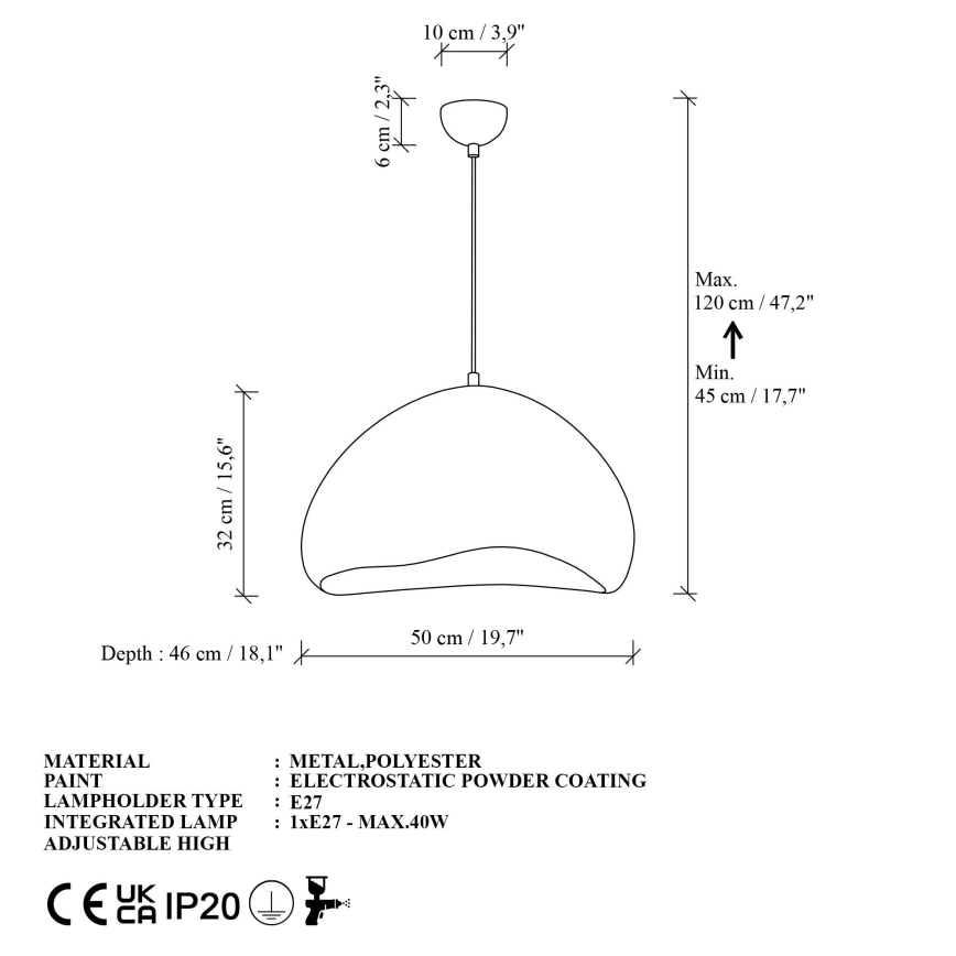Brilagi - pakabinamas šviestuvas su laidu WABI SABI 1xE27/40W/230V skersmuo 50 cm, baltas