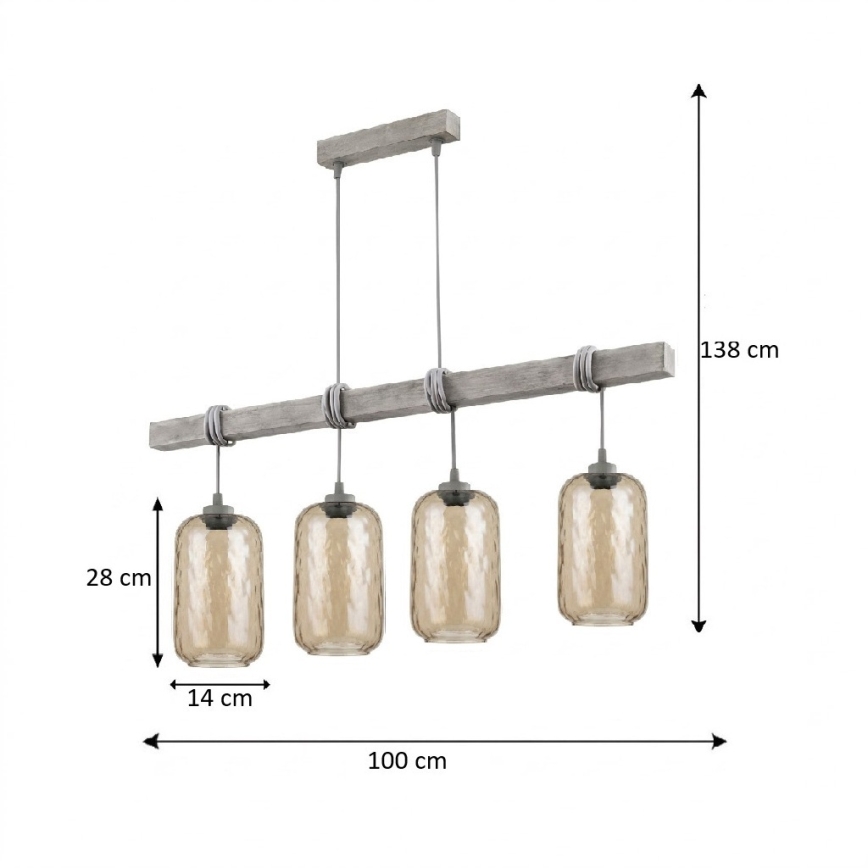 BRILAGI - Pakabinama liustra ant laido WOOD GLASS 4xE27/60W/230V pušis/pilka/dūminė ruda