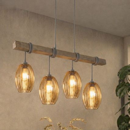BRILAGI - Pakabinamas šviestuvas ant laido WOOD GLASS 4xE27/60W/230V pušis/pilka/dūminė ruda