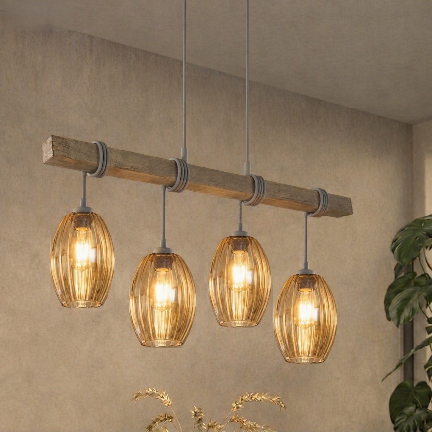 BRILAGI - Pakabinamas šviestuvas ant laido WOOD GLASS 4xE27/60W/230V pušis/pilka/dūminė ruda