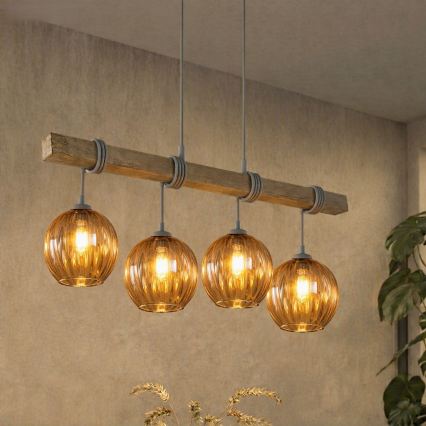 BRILAGI - Pakabinamas šviestuvas ant laido WOOD GLASS 4xE27/60W/230V pušis/pilka/dūminė ruda